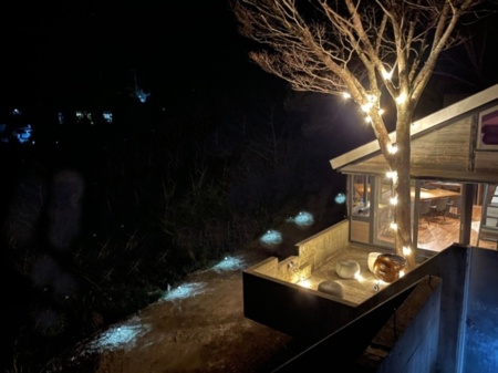 ライトアップされた外観