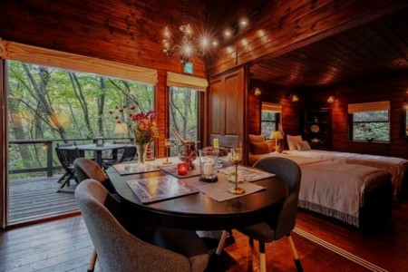 リビング：大開口窓から森を見渡せます。