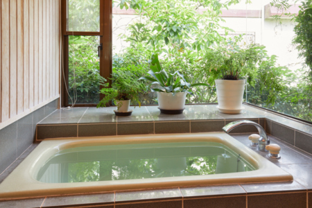 観葉植物に囲まれお庭を臨んだ浴室