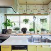 観葉植物に囲まれた明るいキッチン
