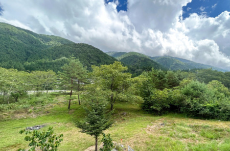 ウッドデッキからの風景。青と緑と白ですね