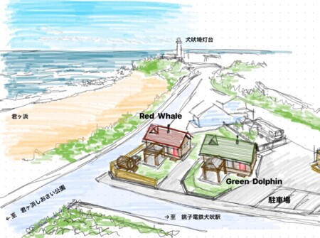 当施設と犬吠埼灯台、君ヶ浜の眺め