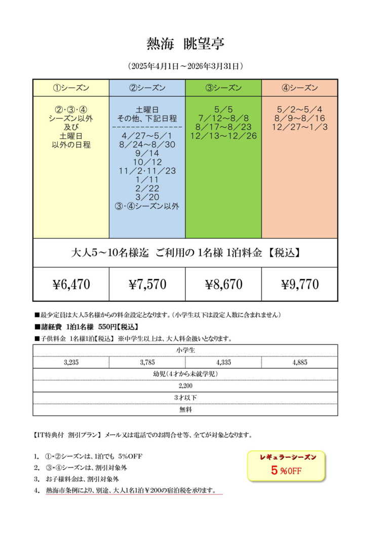 貸別荘　熱海　眺望亭の宿泊料金