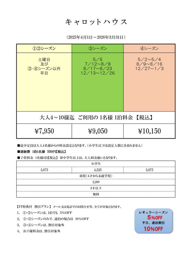 キャロットハウスの宿泊料金