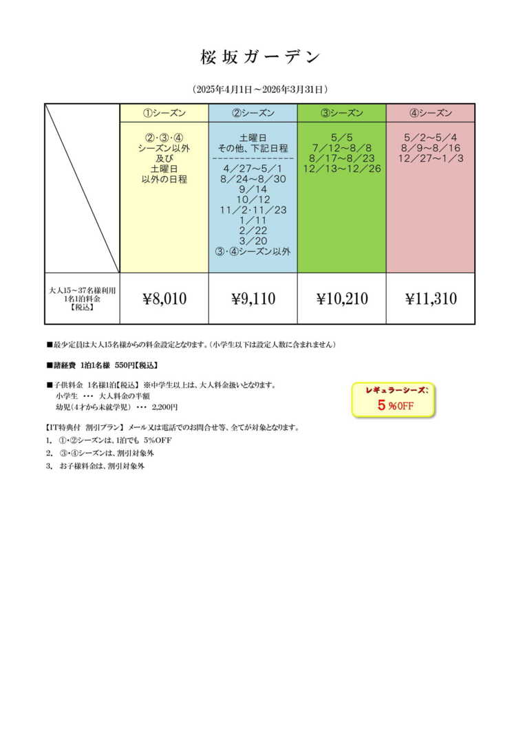 桜坂ガーデンの宿泊料金