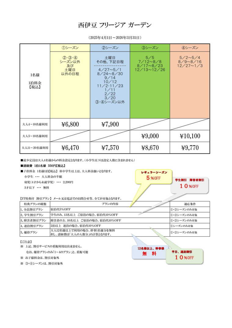 西伊豆フリージアガーデンの宿泊料金