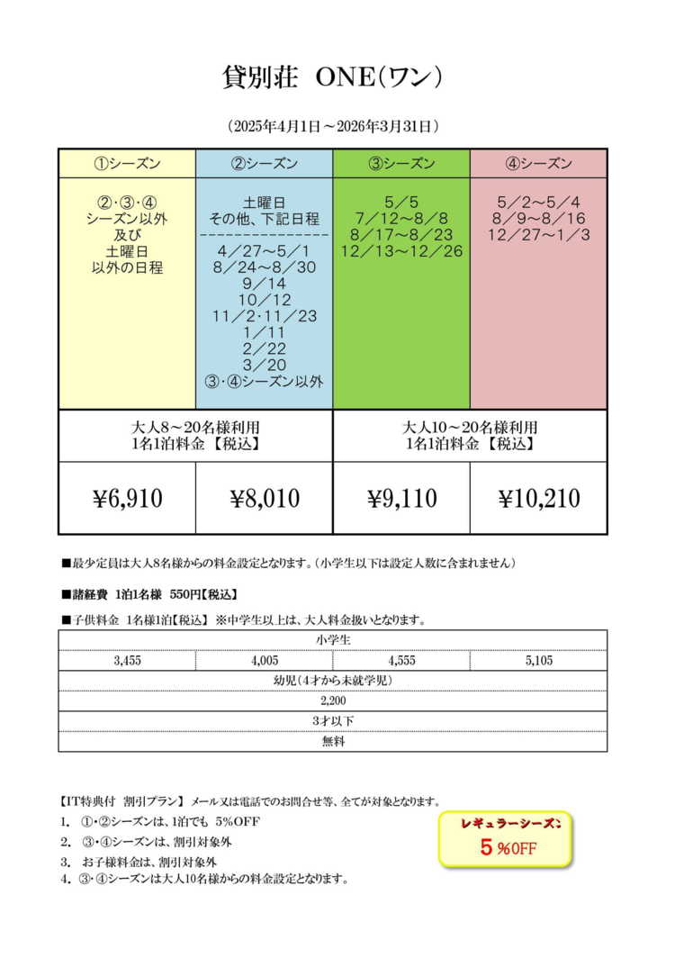 貸別荘 ONE （ワン）の宿泊料金