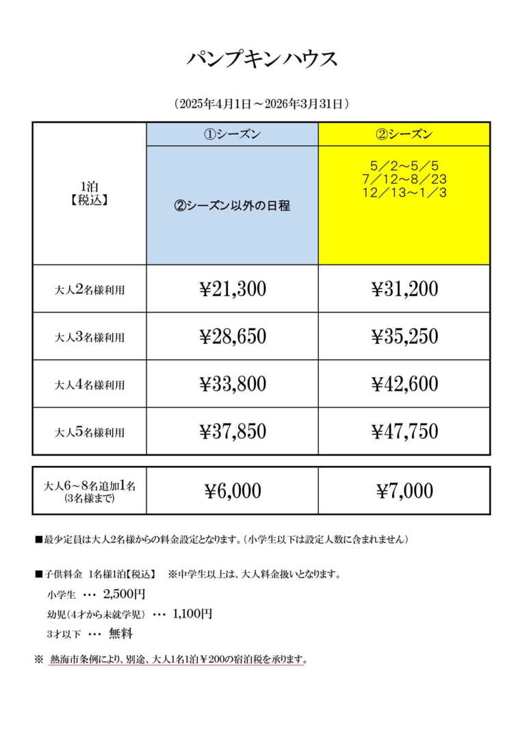 パンプキンハウスの宿泊料金