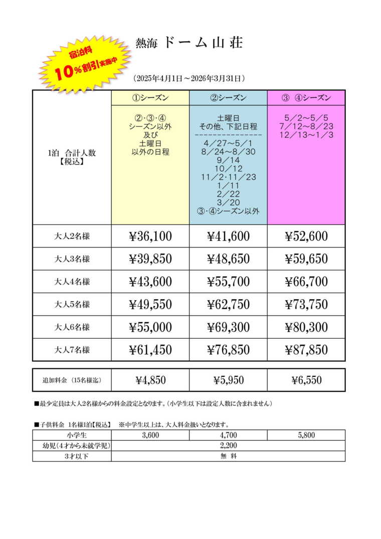 熱海ドーム山荘の宿泊料金