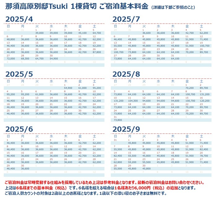 那須高原別邸Tsukiの宿泊料金