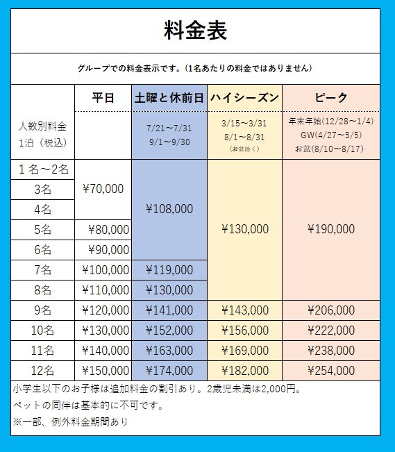 プライベートリゾート星垂の宿泊料金